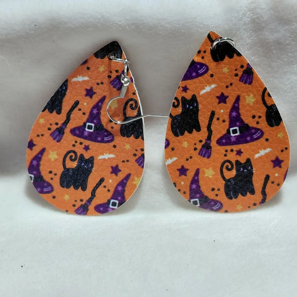 Women's Unbranded Halloween Cat Witch Hat Drop Earrings Orange Black